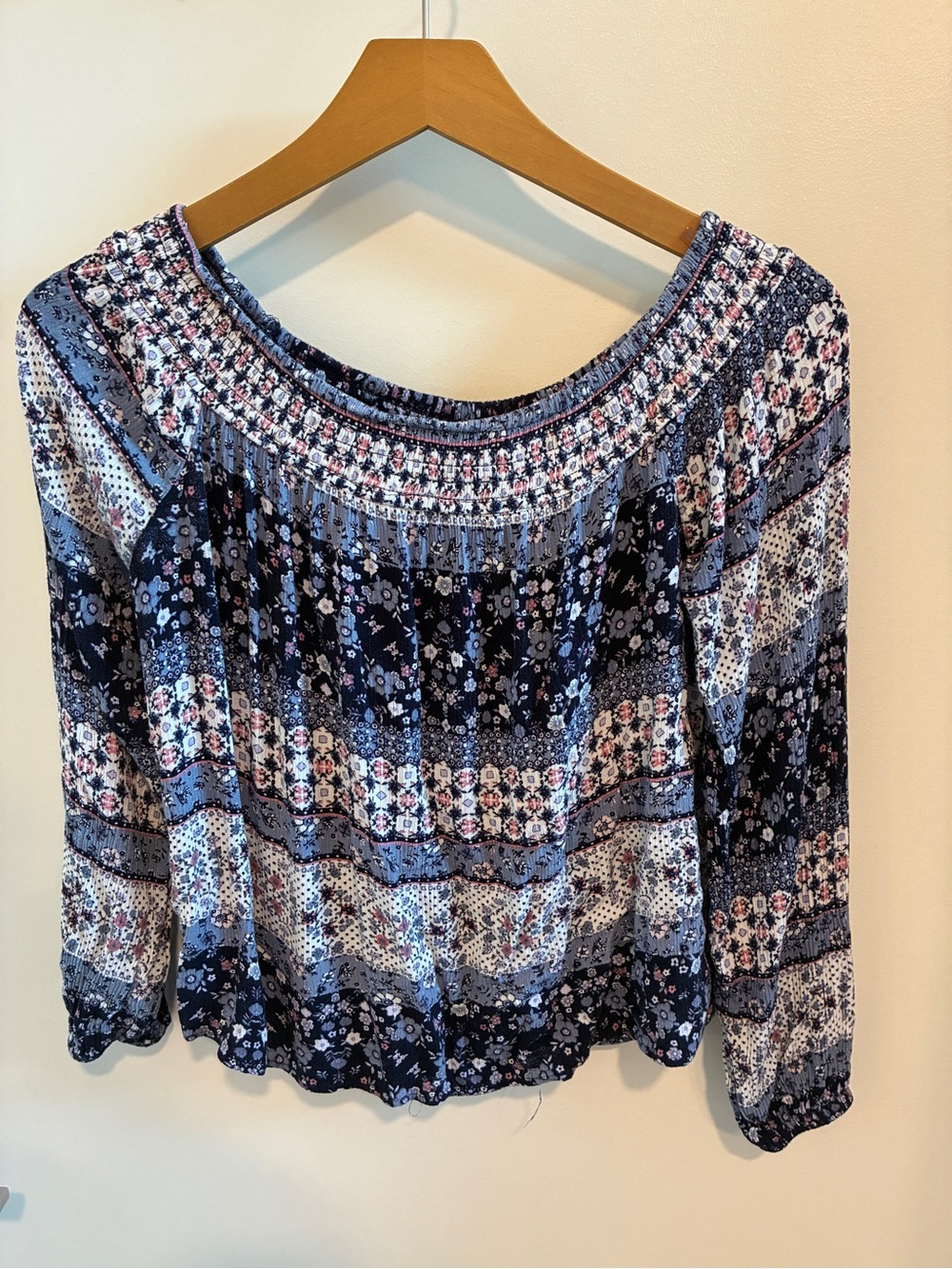 Cape Juby Navy and Light Blue Floral Peasant Blouse